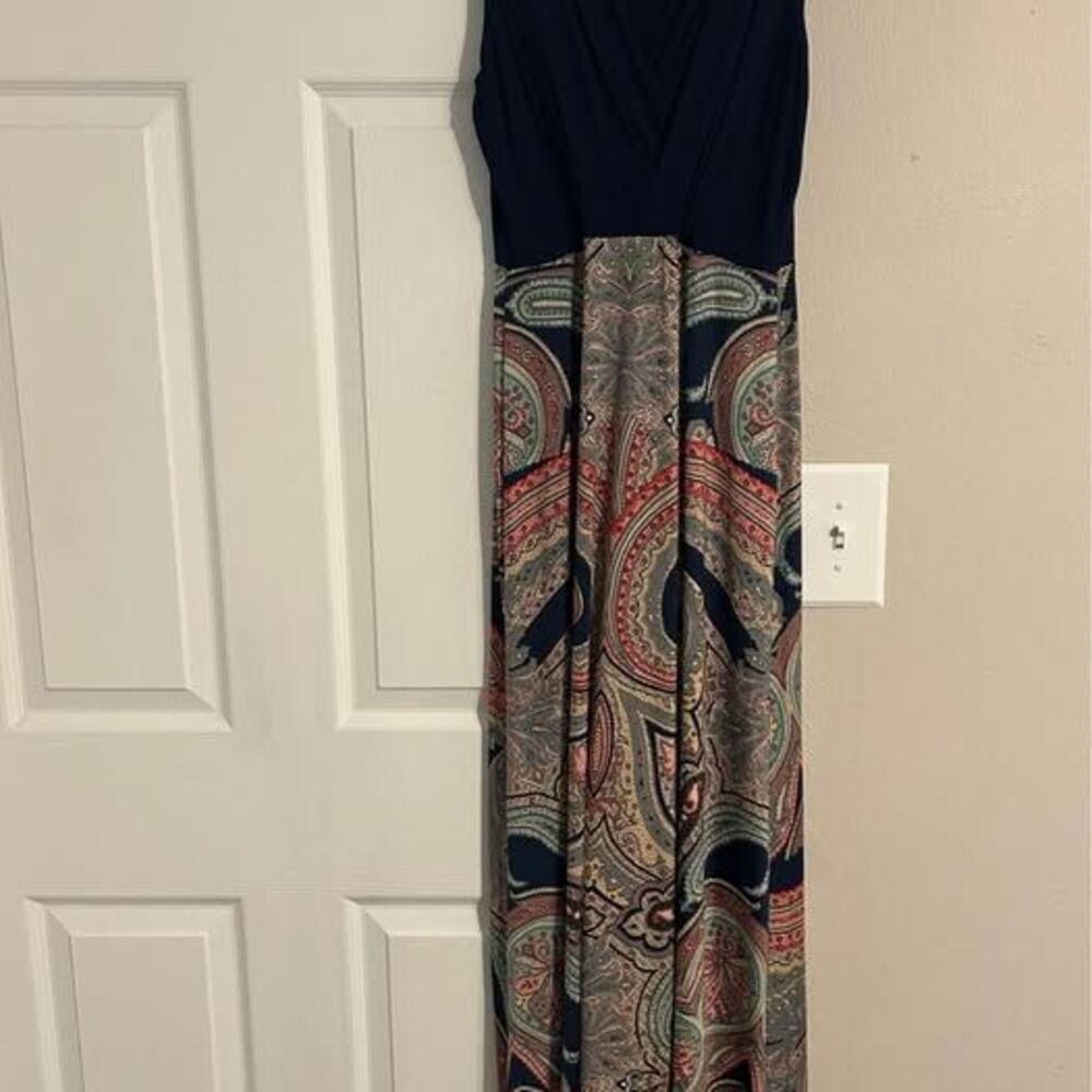 GILLI USA Large Navy Paisley Maxi Dress Sleeveless Surplice V Neck Boho Stretch